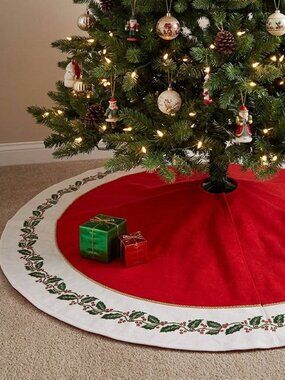 Red and White Christmas Tree Skirt with a Holly Leaf Border Holiday Festive
